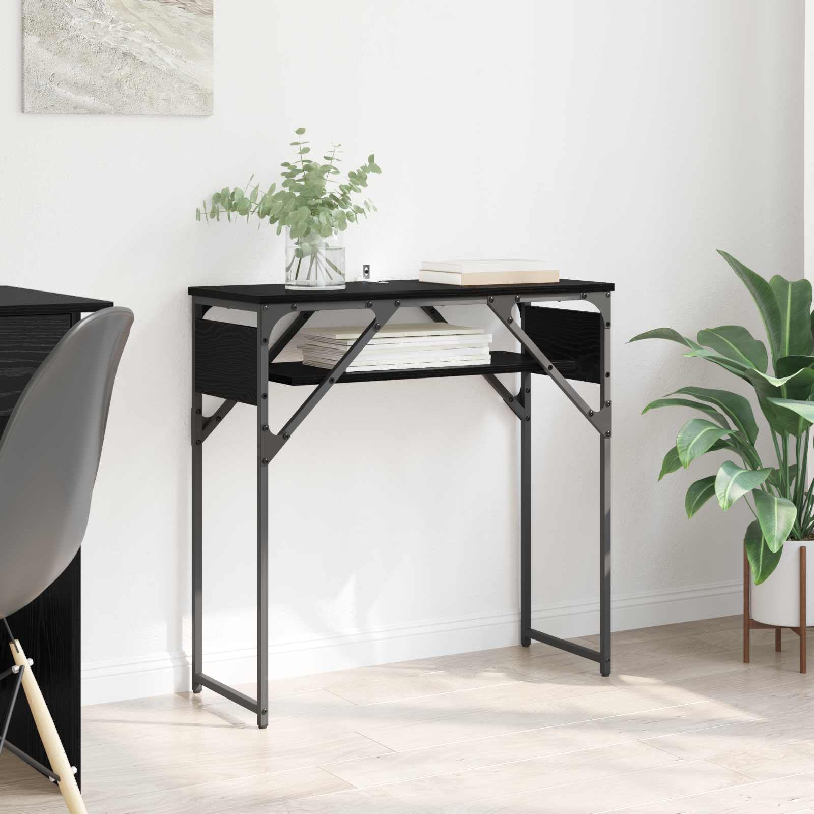 Tavolo consolle nero effetto rovere, 75 x 30 x 75 cm, in legno con 2 ripiani, capienza, durevole, ideale per ufficio, casa, gaming e studio, design industriale moderno