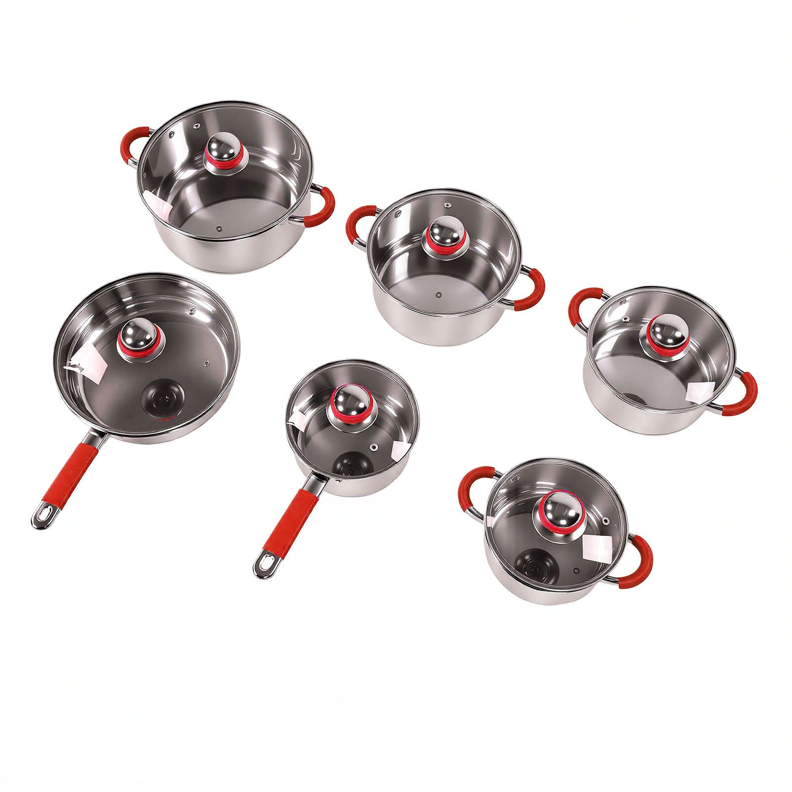 Ausla Juego de Utensilios de Cocina de Acero Inoxidable de 6 Piezas, Ollas y Sartenes con Base de Triple Capa y Tapas de Vidrio, Compatibles con Todas las Estufas, Utensilios de Cocina para Cocción