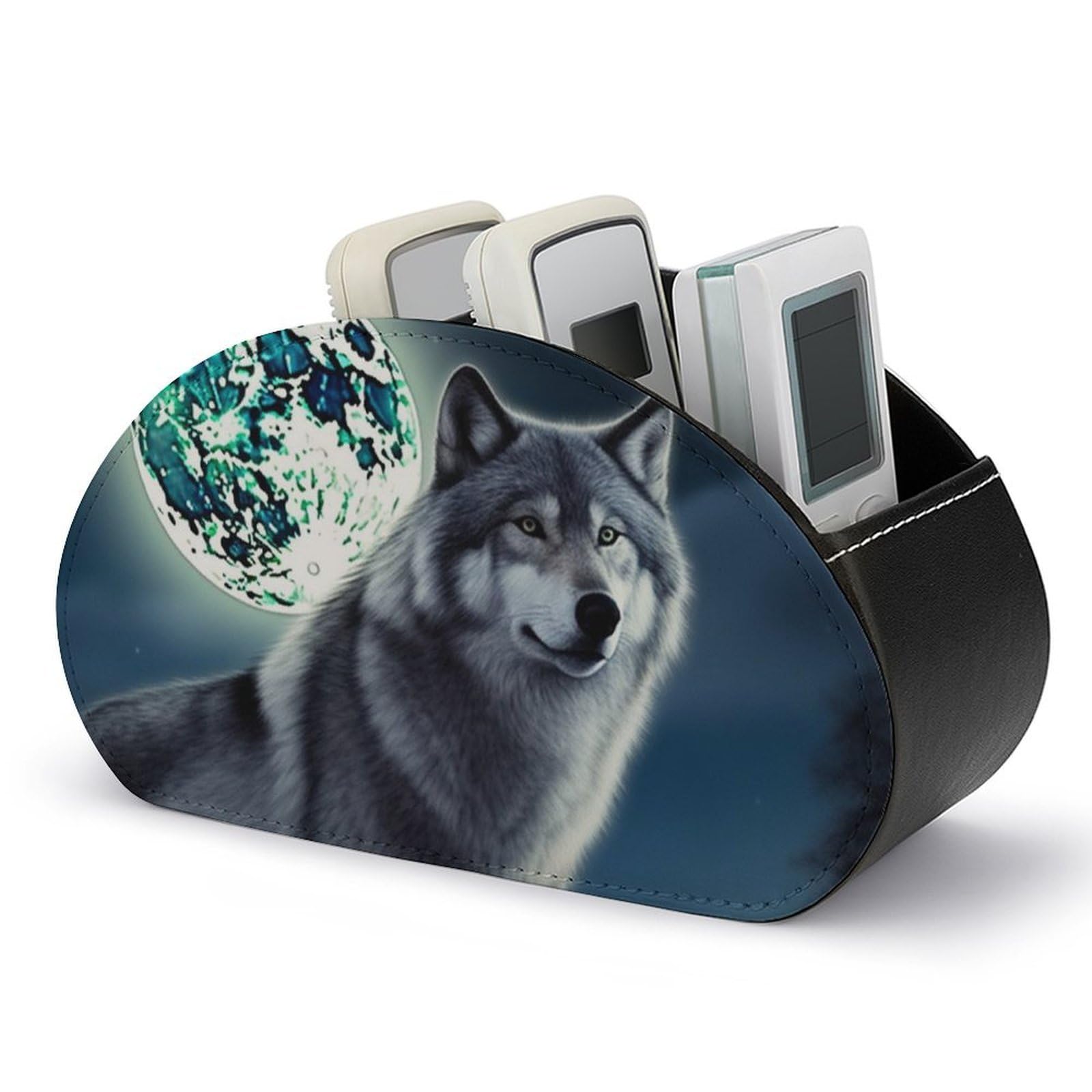 DWVTSLH Wolf Under Moon Remote Control Holder with 5 Compartments - PU Leather TV Remote Holder Remote Caddy Desktop Organizer Makeup Brush Holder, Remote Storage Box for Home Office