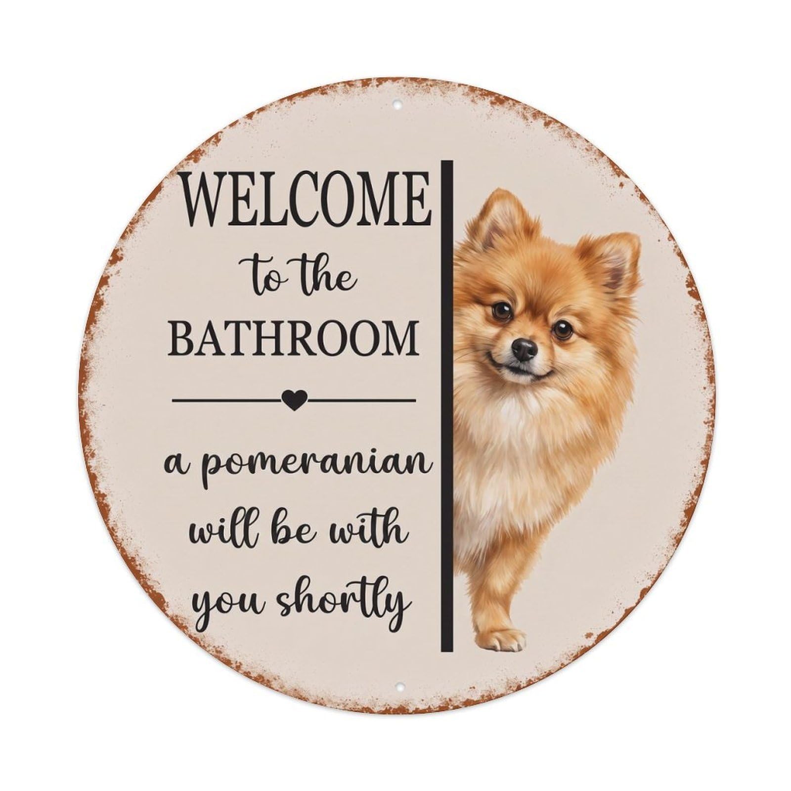 Vintage WELCOME To The BATHROOM Pomeranian Dog Metal Tin Sign