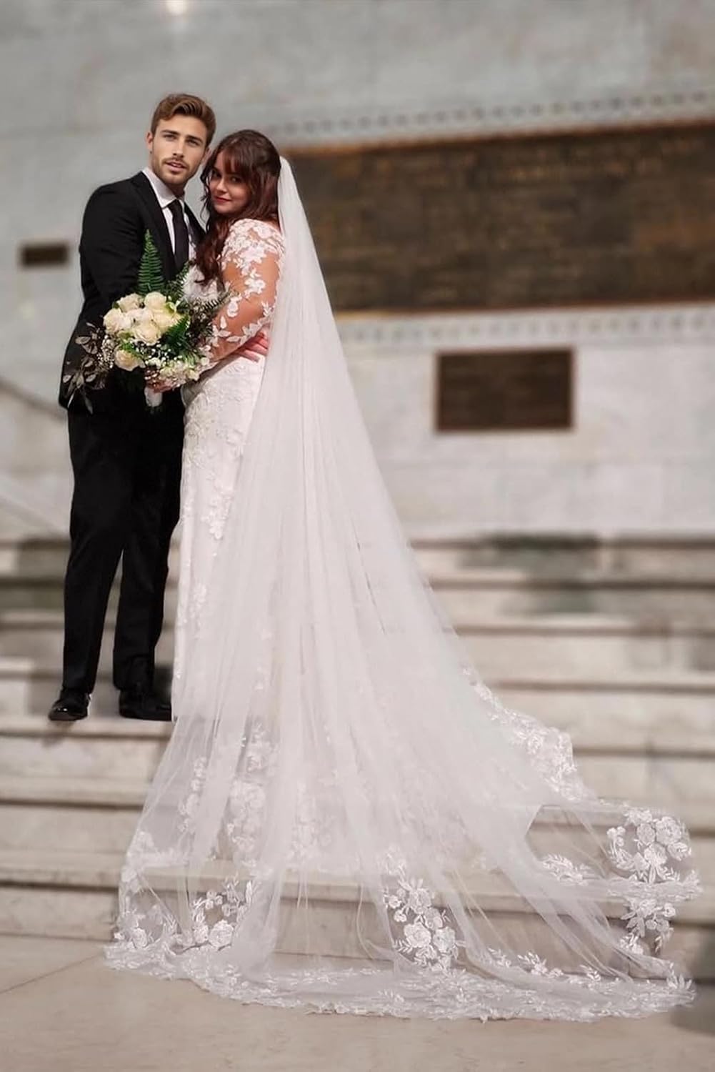 Wedding Veil Flower Lace Bridal Veil with Metal Comb,Cathedral Length Bride Veil 1 Tier Long Veil for Bride Dress