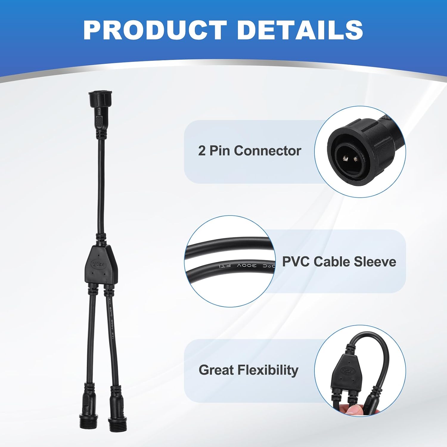 MECCANIXITY 2-Core 2 Pin Y Splitter Connector, 30cm 18AWG IP65 Y Shape 1 Male to 2 Female Extension Cable for LED Lighting