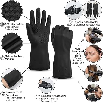 2Pcs Hair Dye Gloves, Black Reusable Rubber Gloves, Professional Hair Coloring Accessories for Hair Salon Dyeing
