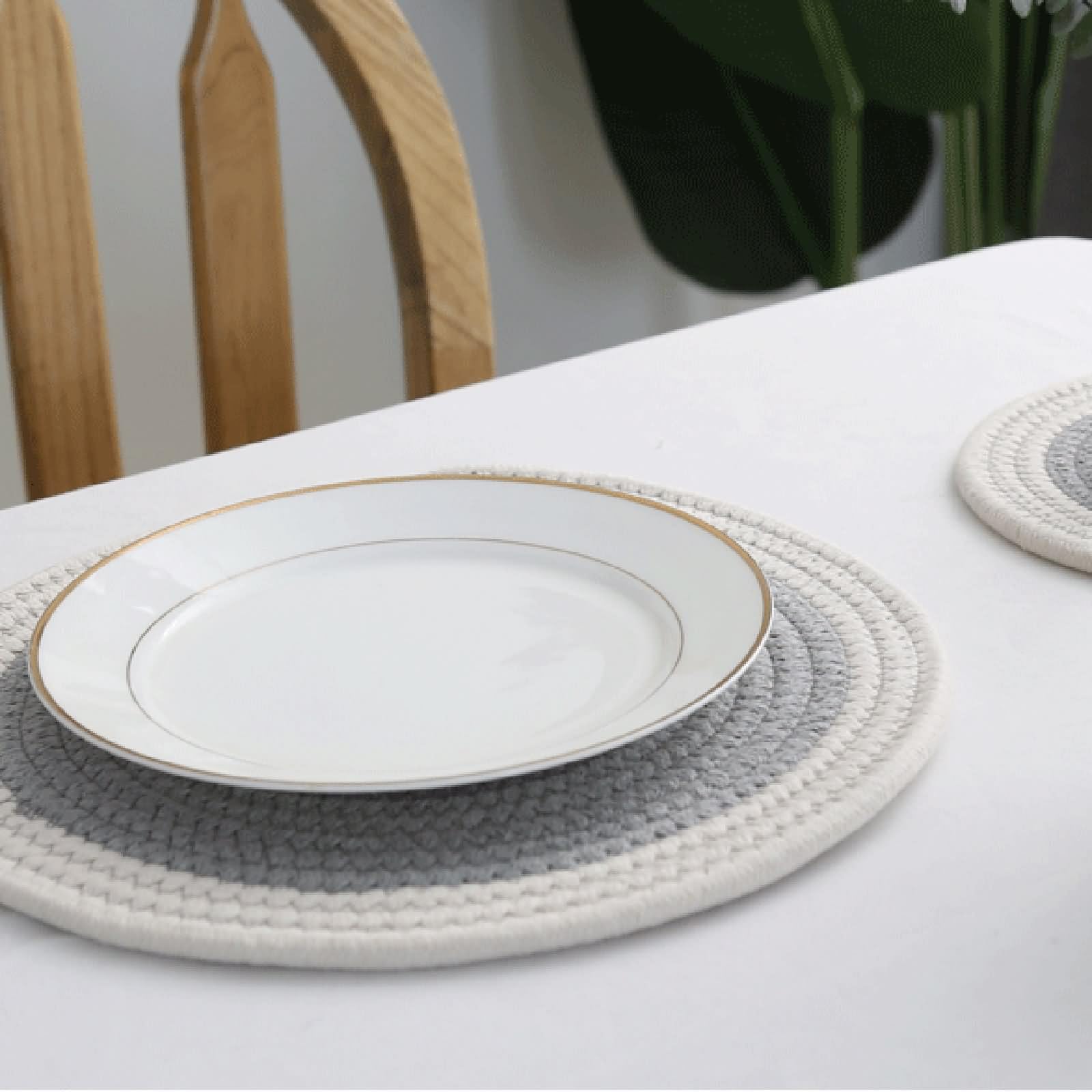 Set di 4 tovagliette autunnali in cotone, 30 cm, rotonde, intrecciate, grigio e bianco