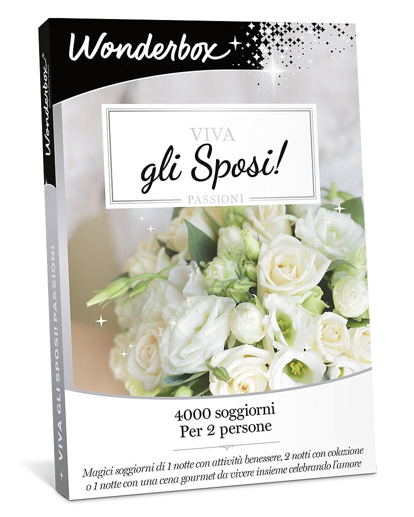 WONDERBOX - Cofanetto Regalo - Viva Gli sposi - Passioni - 3800 Soggiorni - Per 2 Persone - 1 Notte con Cena di Degustazione + Attività Benessere o 2 Notti con 1 Cena - Regalo di Matrimonio, di nozze