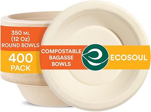 ECO SOUL Tazones de sopa 100% compostables de 12 onzas (paquete de 400) Tazones de postre desechables I Tazón de papel resistente I Ensaladera