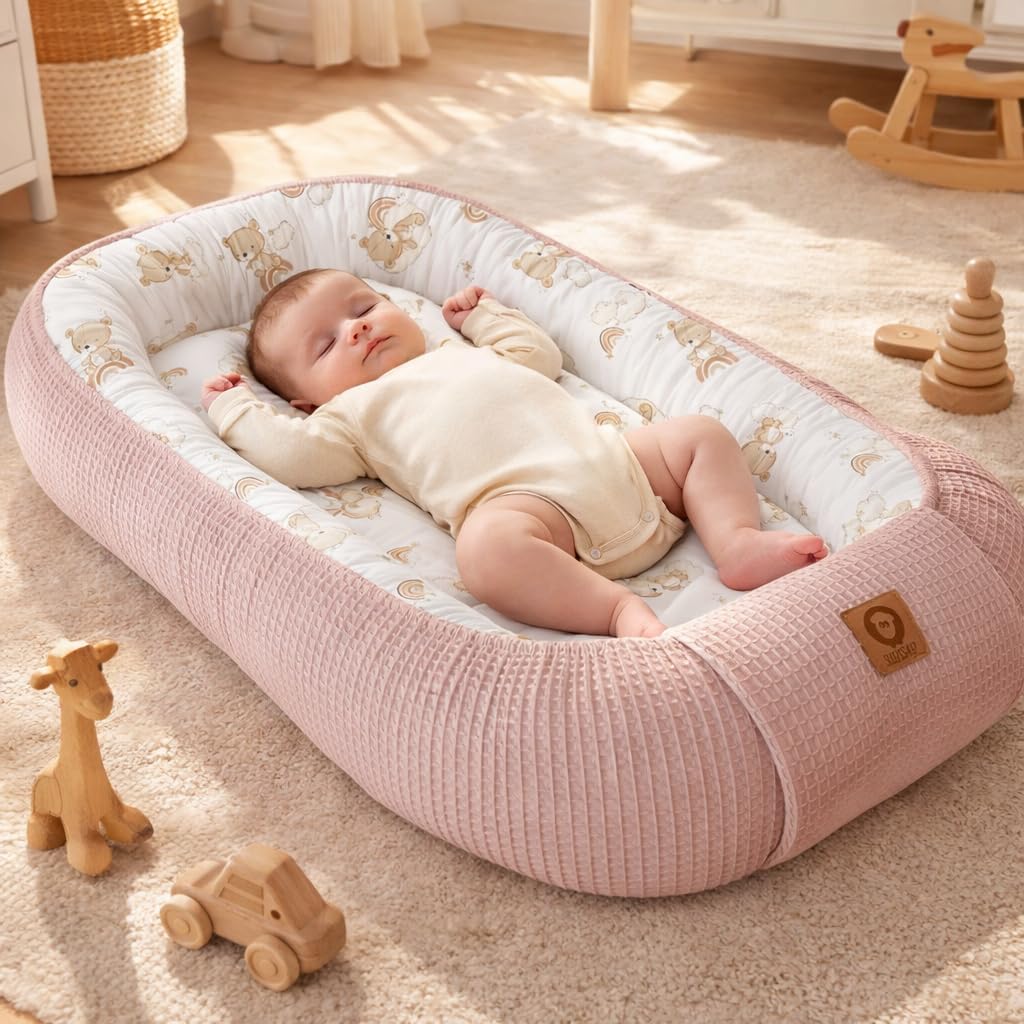 Babynestchen Neugeborene – Nestchen Baby aus Waffel Baumwolle & Baumwollstoff – Babynest für Babybett & Kinderbett – Baby Kokon Tragbar – OEKO-TEX zertifiziert – Zubehör für Babybett - Teddy und Rosa