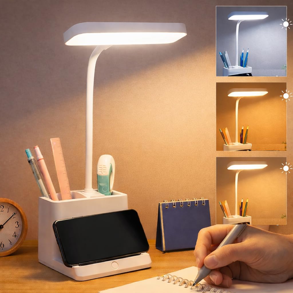 Niwlix Desk Light Lamp for Study Table Lamp for Kids Teens with Pen Phone Holder Mini Gooseneck, College Dorm Room Lighting for Computer Keyboard Desktop Task