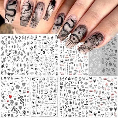 Snake Nail Art Stickers Decals Black Skull Goth Nail Decals Nail Art Supplies 3D Gothic Punk Horror Nail Stickers Designer Nail Accessories Charms Nail Designs for Acrylic Nail Art Decoration (8 Pcs) Cover