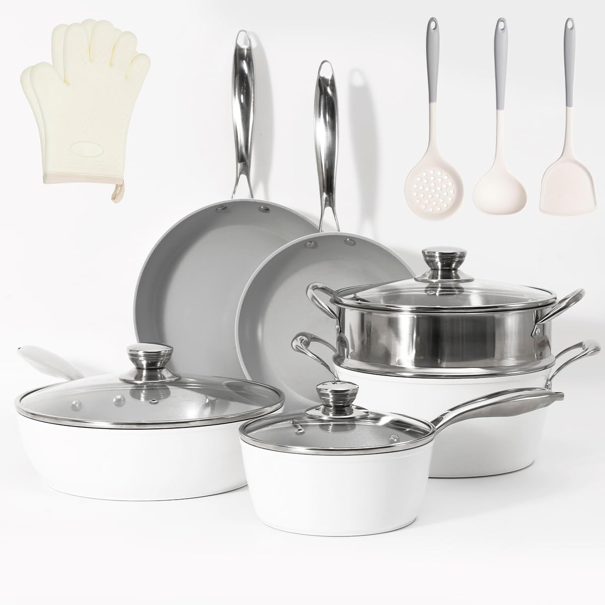 13 Pcs Ceramic Cookware Set,Pots and Pans Set Non Stick,Induction Nonstick Kitchen Cookware Sets,Healthy Non Toxic Cookware Set,PFAS and PFOA Free,Oven/Dishwasher Safe, White & Gray