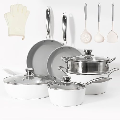 Juego de utensilios de cocina antiadherentes de cerámica saludable de 13 piezas, juego de ollas y sartenes de aluminio de calibre pesado, sin PFOA,