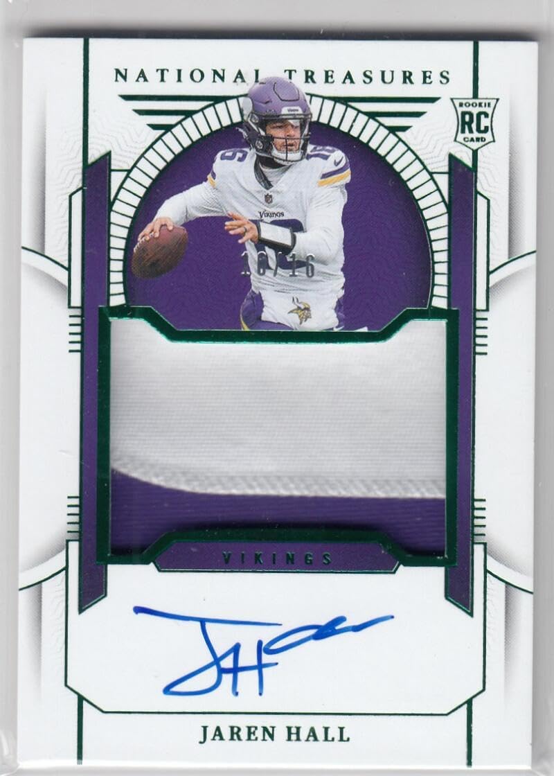 Football Trading Card 2023 Playoff National Treasures Rookie Patch Autographs Green Jersey Number #199 Jaren Hall EX++ Excellent++ MEM Auto 10/16 Vikings