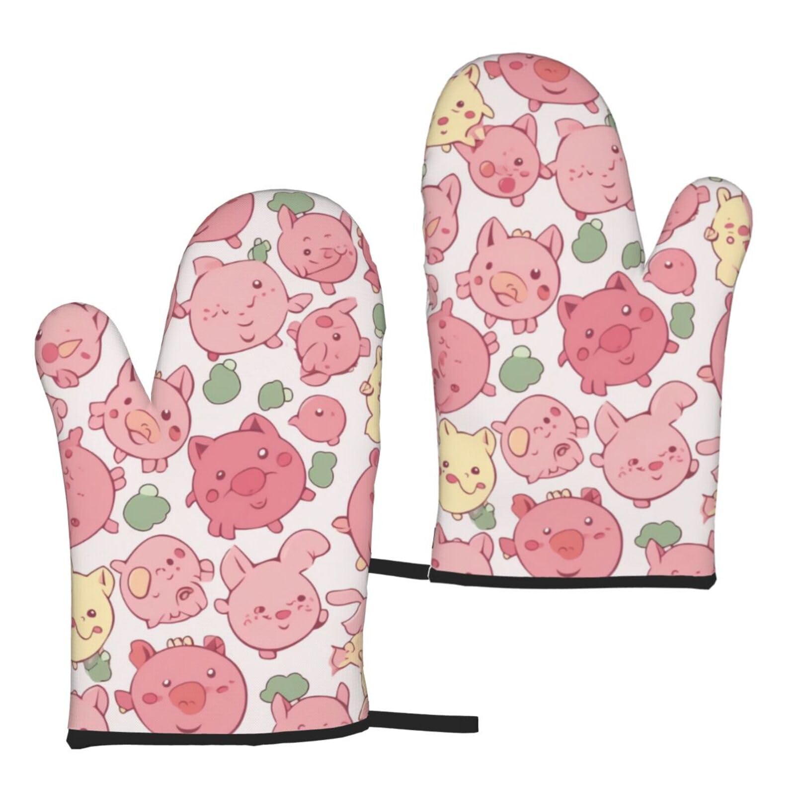 cartoon Cute Pigs Pattern Printed Oven Mitts Sets 2 PCS Heat Resistant and Non-Slip Glove Potholder for Kitchen Cooking Baking Grilling