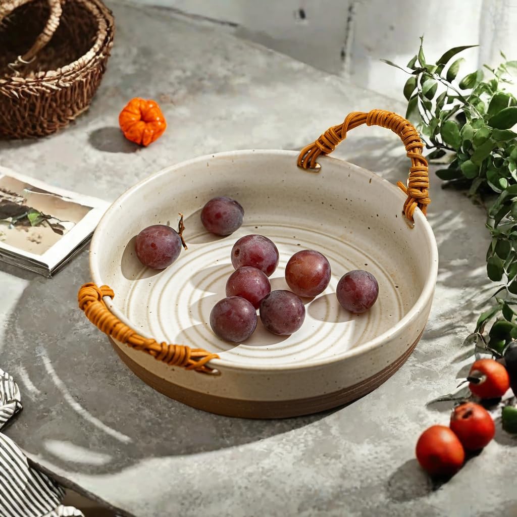 Ceramic Fruit Bowl or Salad Bowl with Double Eared Vine Weaving Handles, Ceramic Salad Bowl with Anti Slip Bottom,Large Fruit Bowl for Kitchen Counter(7.5Inches)