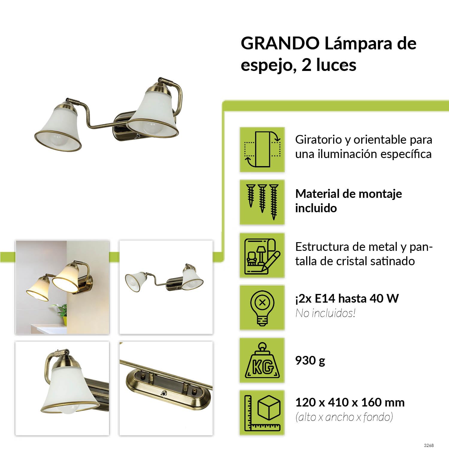 Licht-Erlebnisse Aplique baño regulable con interruptor basculante, aplique espejo, Art Nouveau, orientable, bronce, bajo deslumbramiento, cristal, 2 bombillas, E14, A:42 cm, aplique espejo