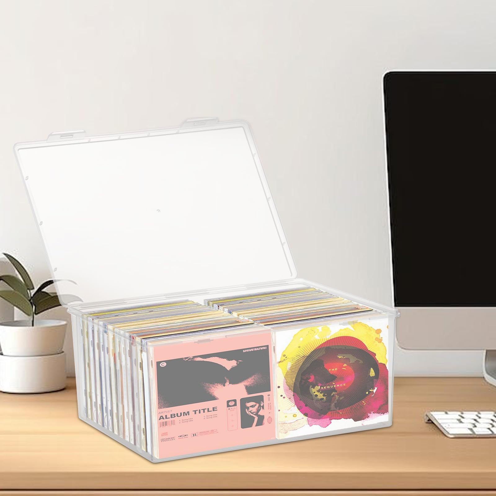 Organizador de CD apilable de plástico transparente, caja de almacenamiento de CD de 11.9 x 8.5 pulgadas, funda transparente para CD con tapas para almacenar más de 40 CD, contenedor organizador de