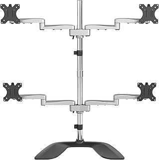 StarTech.com Desktop Quad Monitor Stand - Ergonomic VESA 4 Monitor Arm (2x2) up to 32" - Free Standing Articulating Universal Pole Mount - Height Adjustable/Tilt/Swivel/Rotate - Silver (ARMQUADSS)
