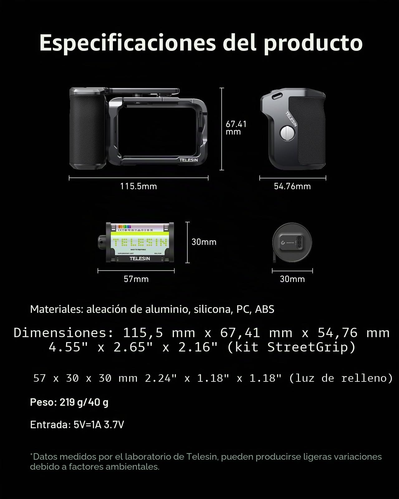 TELESIN Kit de empuñadura de aleación de Aluminio para dji Action 6 con Jaula Protectora metálica & luz de Video RGB magnética, luz LED portátil con difusor, CRI 95+, Soporte Cold Shoe, Accesorios