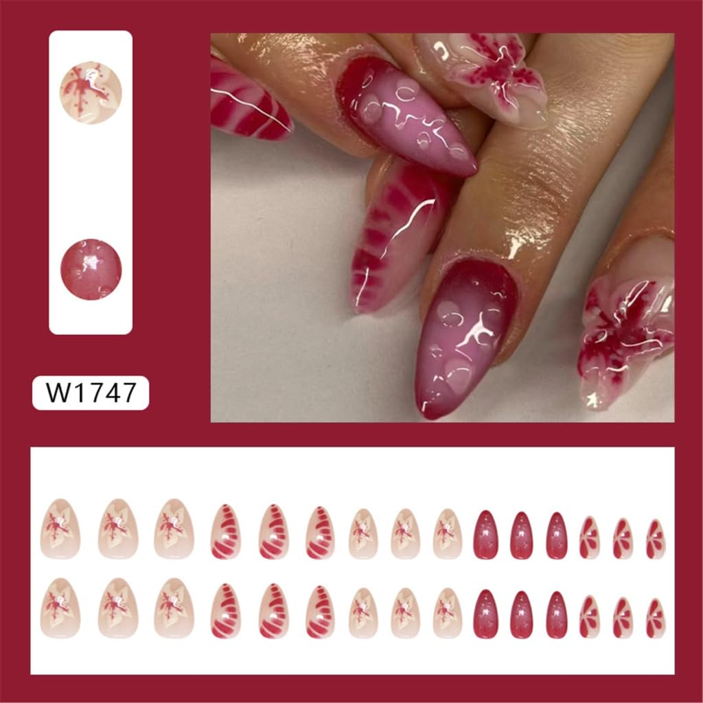 24Pcs Christmas Full Covers Acrylic Nails with 3D Floral Pattern Stick on Nails for Women and