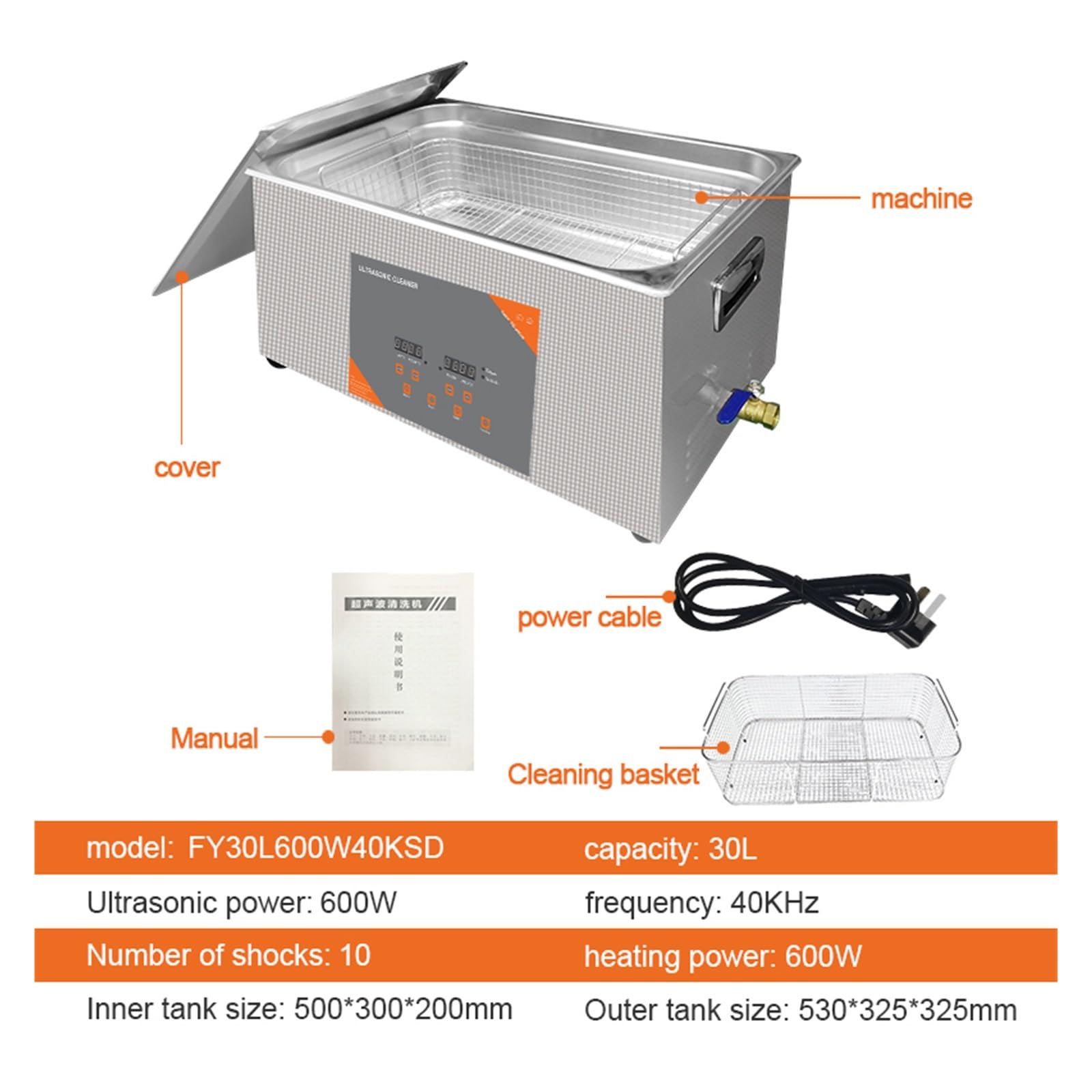 Limpiador Ultrasónico Digital De 6L Y 180W, Baño Calentado For Disco De Vinilo, Inyector De Carburador, Motor De Piezas De Automóvil De Latón(30L 600W)