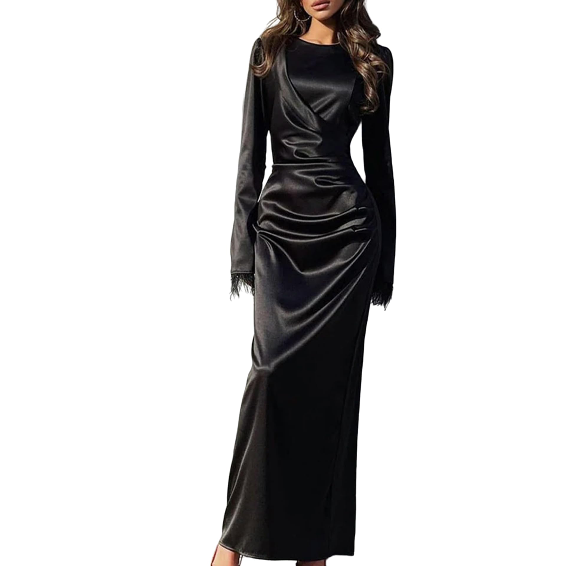 Robe Longue en Satin pour Femmes, élégante, col Ras du Cou, Slim, Moulante, Couleur Unie, Dos Fendu, Robe de soirée, Automne, Manches Longues, Plumes, Maxi, Printemps