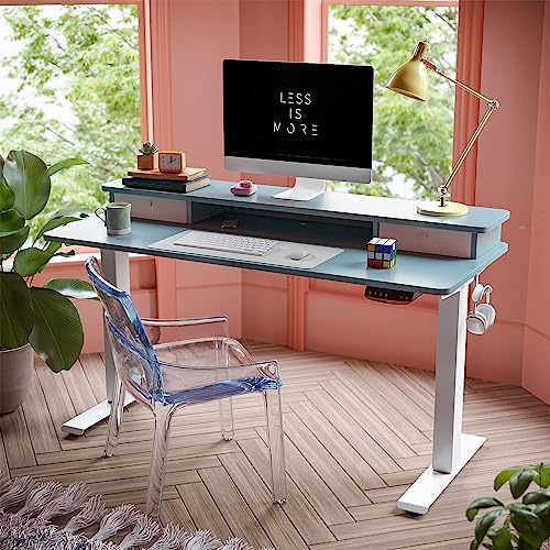 Image of FEZIBO Height Adjustable Electric Standing Desk with Double Drawer, 48 x 24 Inch Stand Up Table with Storage Shelf, Sit Stand Desk with Splice Board, White Frame /Blue Top