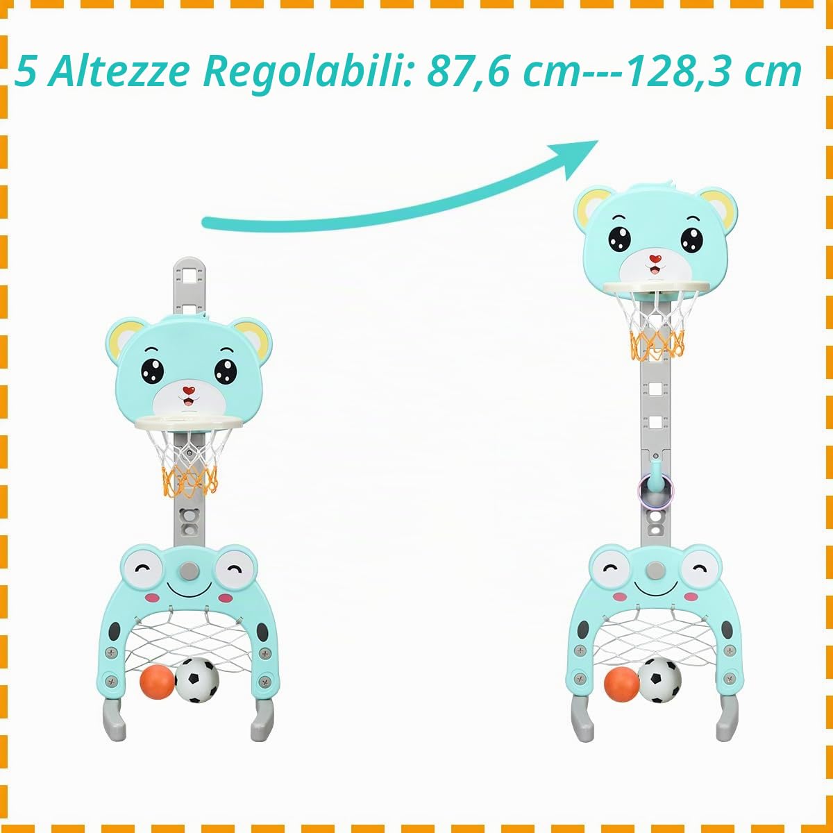 RELAX4LIFE 3 in 1 Canestro Basket per Bambini con Gioco Dell'Anello, Pallacanestro, Porta da Calcio e Golf, Altezza Regolabile 133-158cm, per 2-5 Anni (BLU)