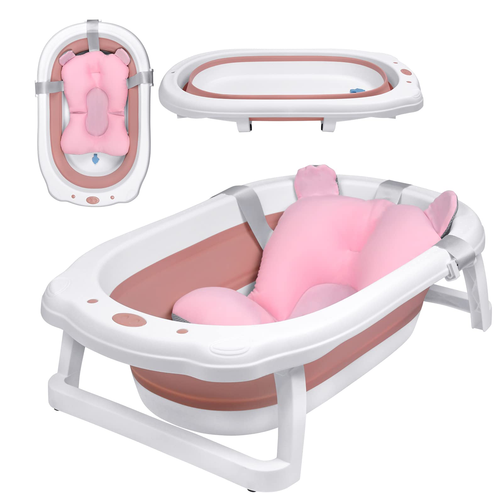 YRHome Bañera plegable para bebé, bañera plegable, ergonómica, 82 x 50 x 20 cm, con cojín de desagüe (rosa con almohada)