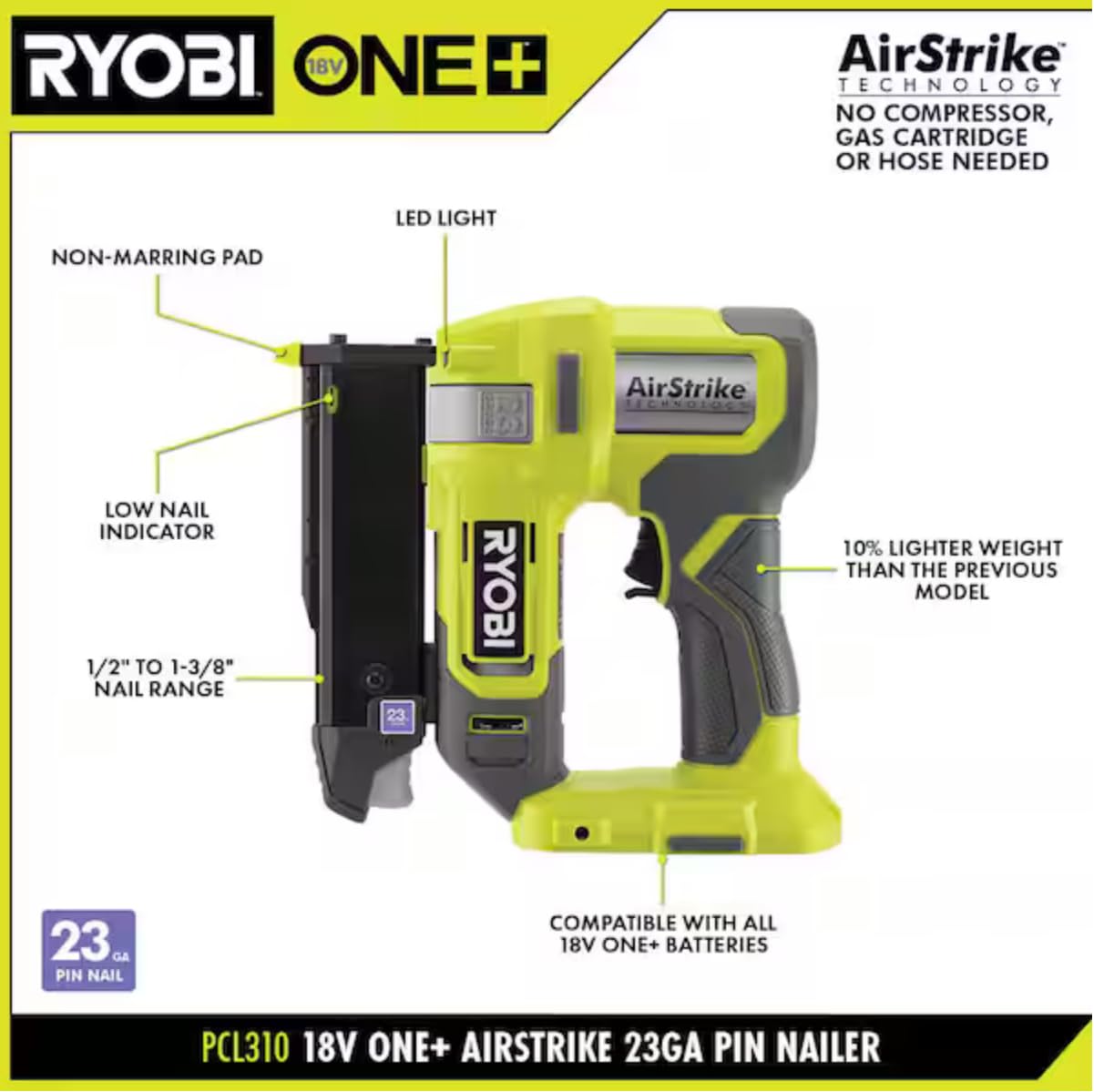 RYOBI ONE+ 18V Cordless Airstrike 23-Gauge Pin Nailer (Tool Only)