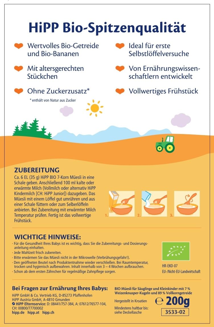 HiPP Bio 7-Korn-Müesli (8 x 200g), ab 12. Monat, mit wertvollem Vollkorngetreide, ohne Zuckerzusatz, besonders feine Stückchen - leicht zu kauen, ideal für erste Selbstlöffelversuche