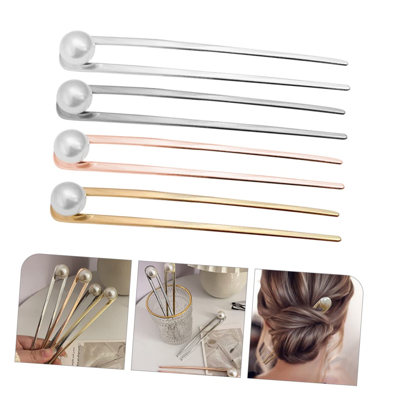 FRCOLOR 8 Pz A Forma di U Forcina Perline Per Capelli Bacchette Di Perline Chignon Ago Sposa Forcella Di Perline Capelli Per Le Donne Nodo Miss Muffin Lega Semplice