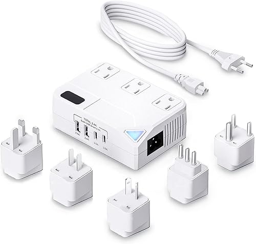 Adaptador de viaje universal de 100 V-220 V, convertidor de voltaje de 250 W con 2 puertos de carga USB y 2 puertos de carga USB-C y 3 enchufes de
