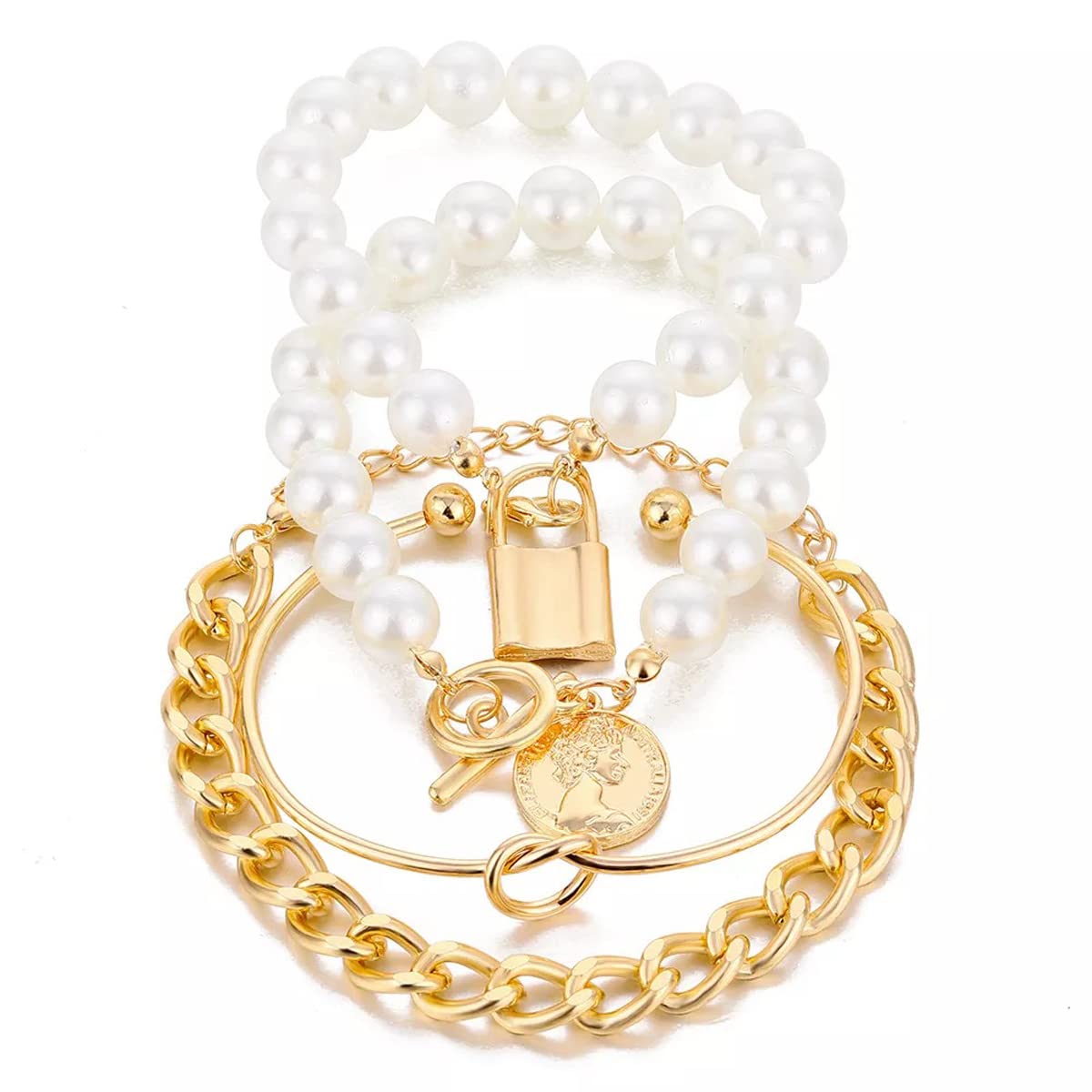 Jewels Galaxy Gold Plated Pearl Studded Contemporary Set of 4 Stackable Korean Bracelet Set For Women and Girls (CT-BNGG-49190) (B0BSS5VKWD) Amazon Price History, Amazon Price Tracker