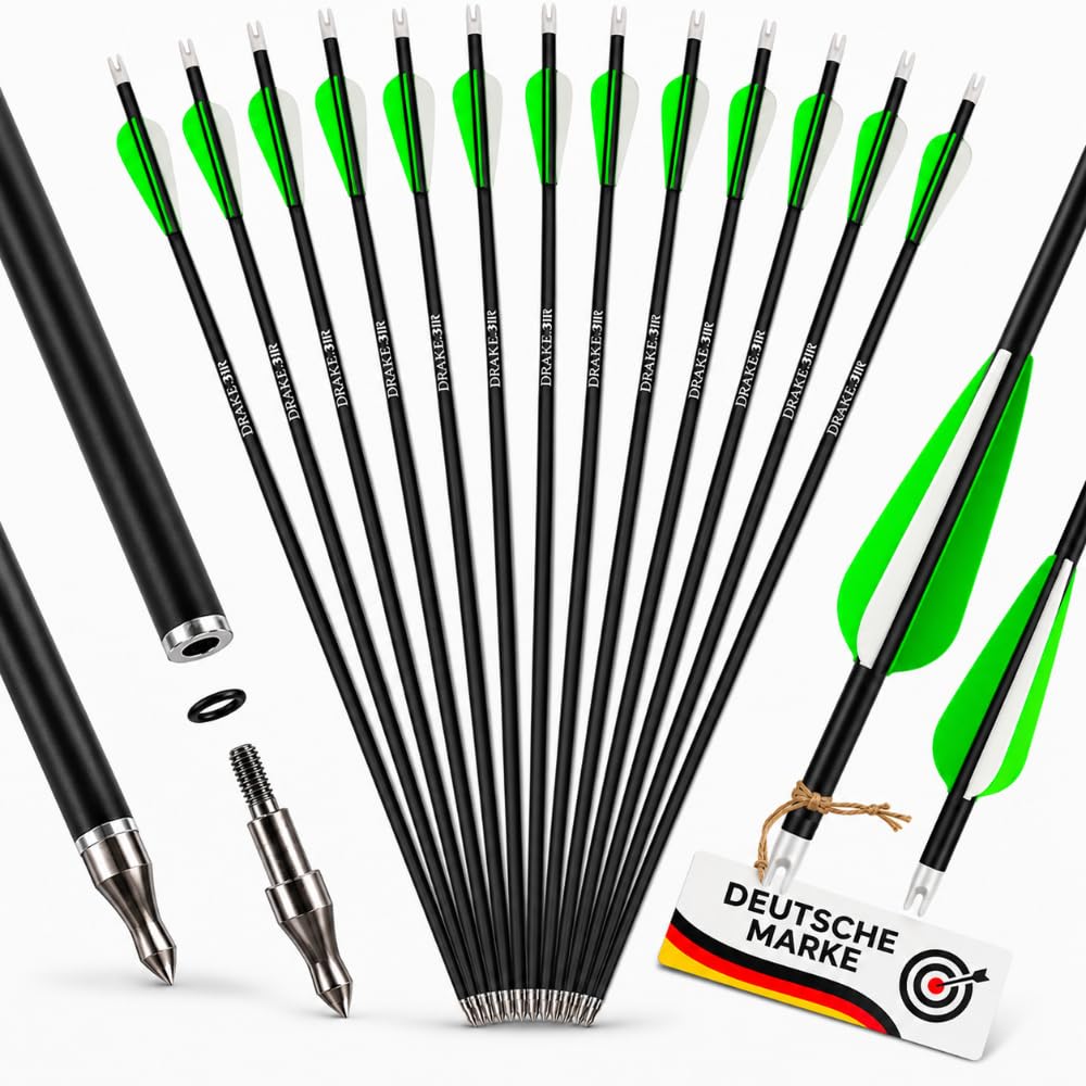 Drake Archery 12 Stück Komplettpfeile Fire Carbon-Hybrid Pfeile für Bogenschießen Bogen Jagdpfeile Erwachsene Carbonpfeile für Recurvebogen