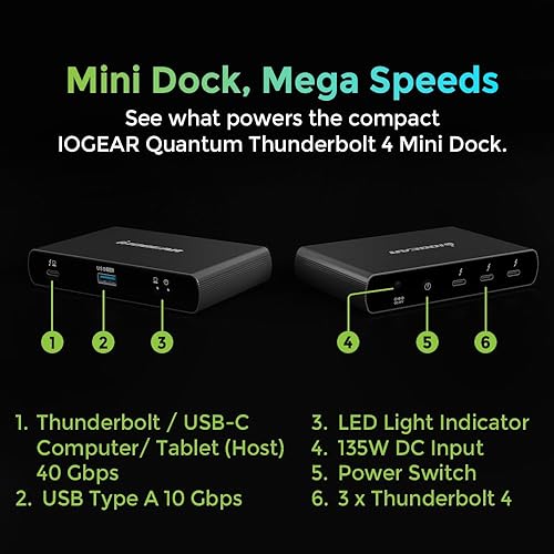 Vista 7 de IOGEAR Hub Thunderbolt 3 de 9 puertos - Pantalla dual 4K 60Hz - 2 Displayport 1.2-60W carga para laptop - Velocidades de 40 Gbps - Ethernet