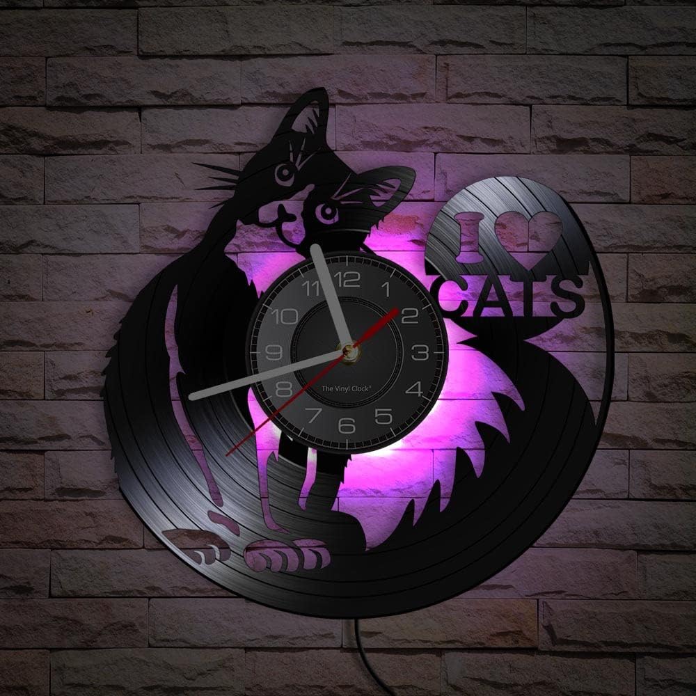 Smotly Vinyl wall clock, cute cat themed with LED night light function is a wall clock gift for pet lovers. (With light)