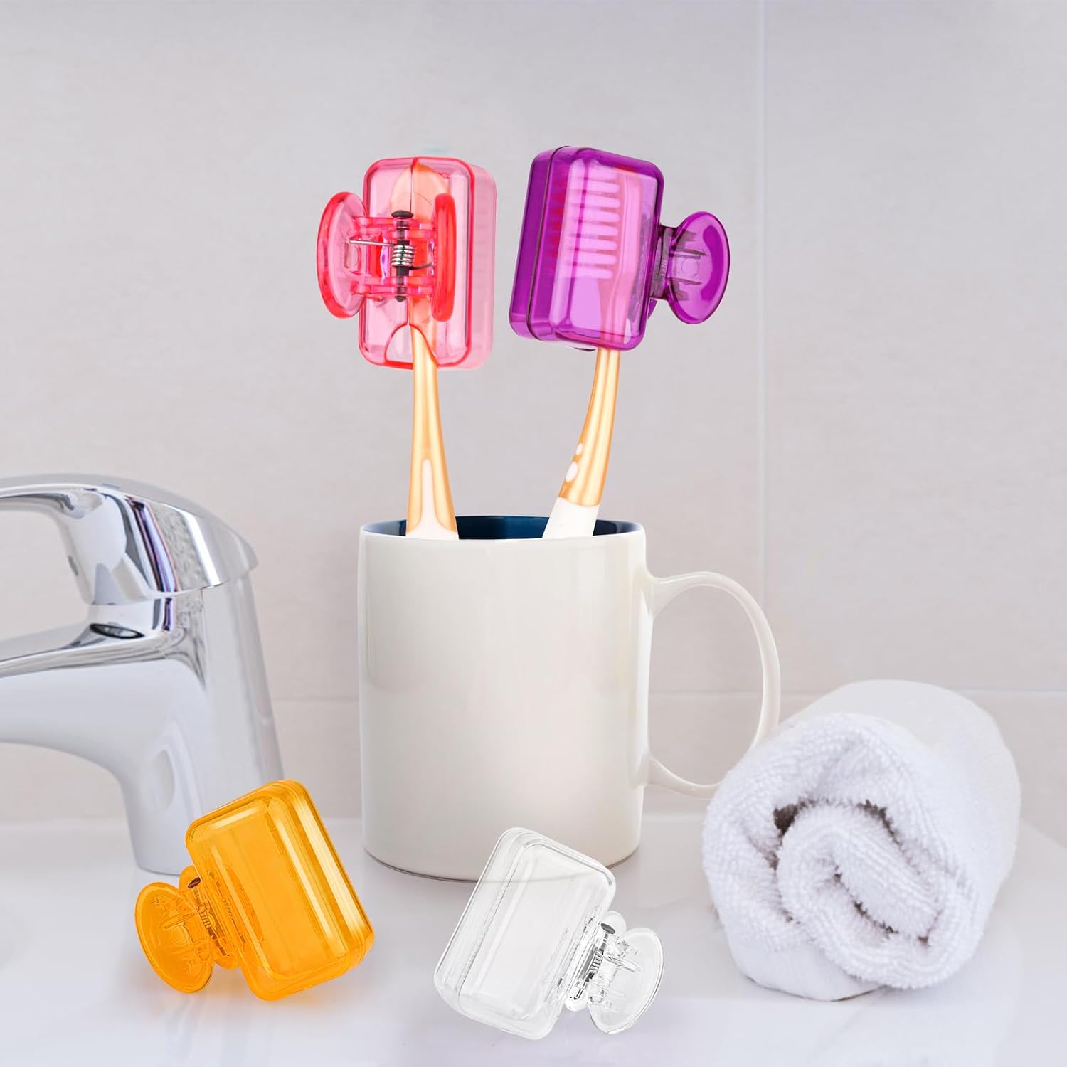 4 Pack Travel Toothbrush Head Covers Toothbrush Protector Cap Brush Pod Case Protective Portable Plastic Clip for Household Travel, Bathroom, Business, Camping, School (Clear, Orange, Purple, Pink)