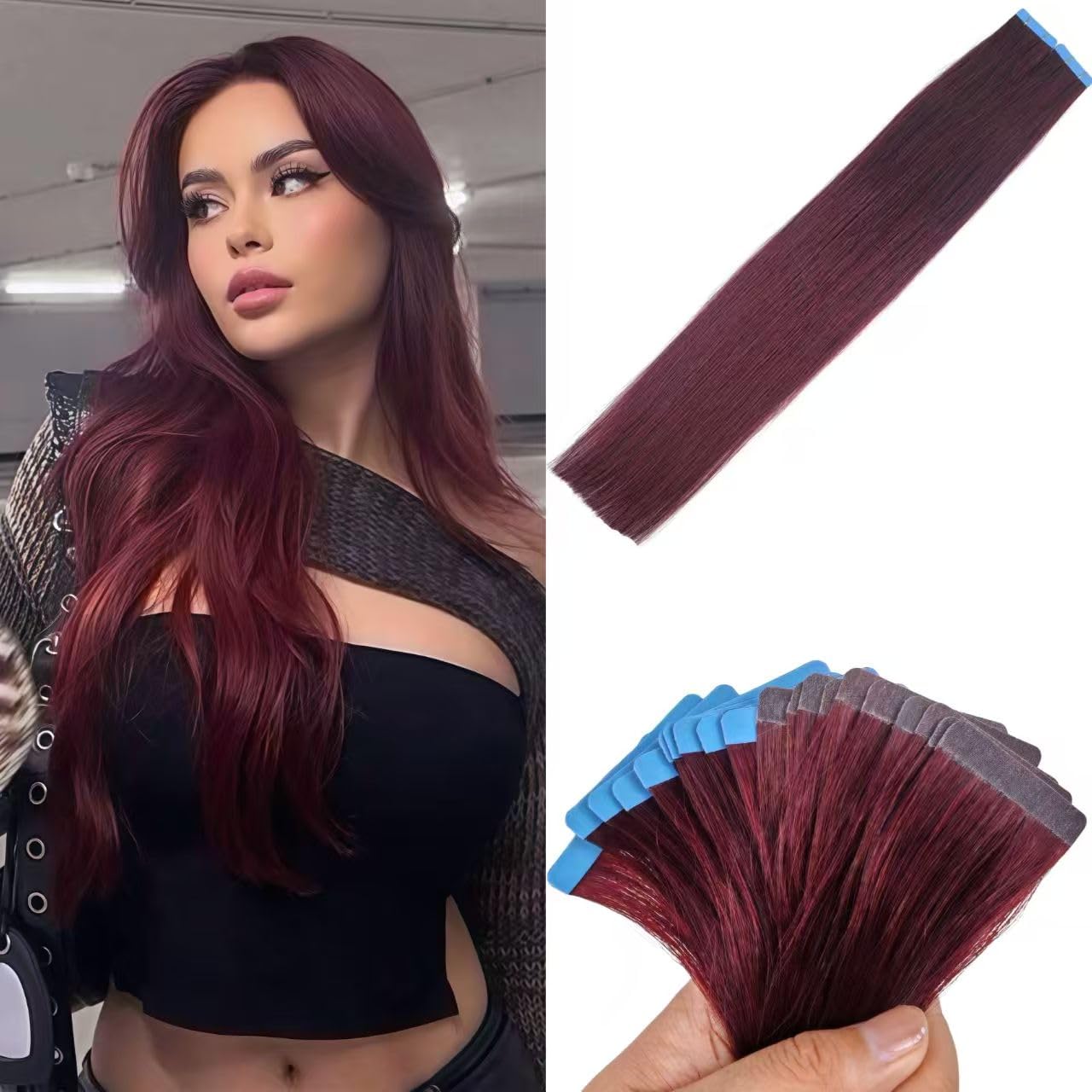 Burgundy Tape in Hair Extensions Human Hair Seasmless 18 Inch Tape in Real Human Hair Extensions for Girls