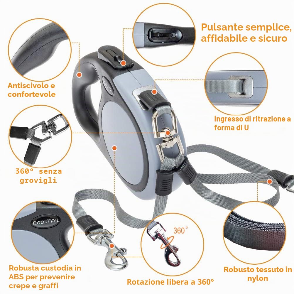 KOOLTAIL Guinzaglio retrattile doppio per cane, resistente, a doppia testa, 5 m, estensibile, per cani fino a 49,9 kg, addestramento a piedi