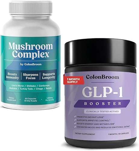 ColonBroom GLP-1 Suplemento de control de peso para mujeres y hombres (60 cápsulas) y complejo de hongos, potente mezcla de hongos (60 cápsulas) -
