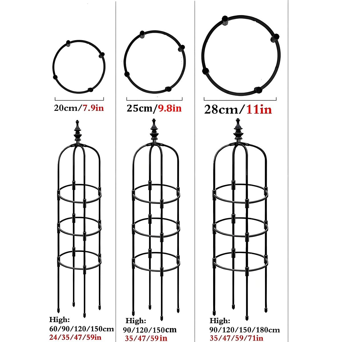 Enrejado de obelisco de jardín para plantas trepadoras, resistente a la intemperie, soporte metálico para plantas con revestimiento de plástico, 60 x 180 cm, apto para rosas, tomates, pepinos (negro)