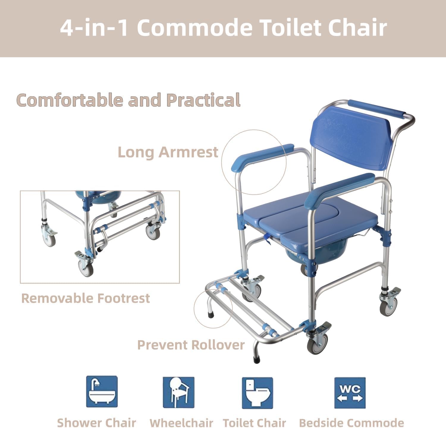 Duschstuhl mit Rollen,Toilettenstuhl für Senioren,Rollstuhl mit Duschsitz Wasserdichtes Stuhl Kommode Tragfähigkeit 150kg für Patienten Senioren Behinderte Schwangere