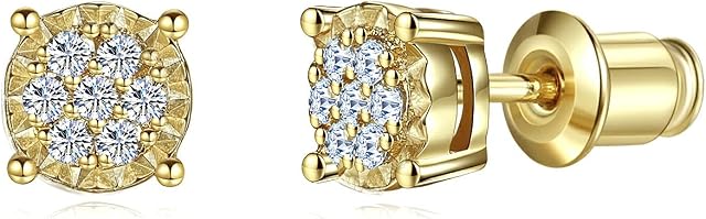 6mm Round Pave CZ Stud Earrings for Women Men, White Gold/14K Gold/Rose Gold Plated Cubic Zirconia Ear Stud