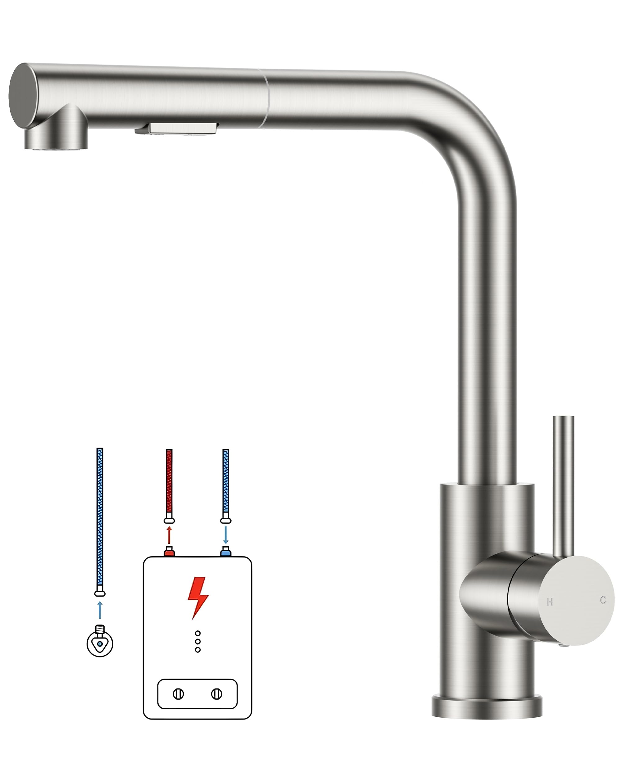 FORIOUS Niederdruck-Küchenarmatur, Einhebel-Warm- und Kaltwasserhahn, Wasserhahn mit 3 anschluessen fuer boiler, geeignet für Boiler und Untertischboiler, Roestvrij Staal