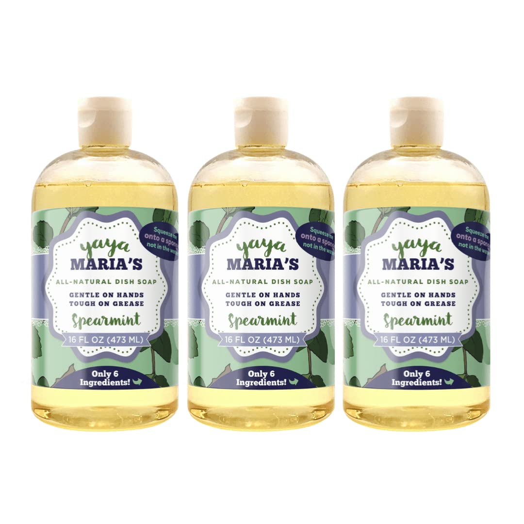 Yaya Maria's Natural Liquid Dish Soap, Only 6 Ingredients, 100% Nontoxic, Compare to Any Other Dish Soap, 3-Pack (Spearmint)
