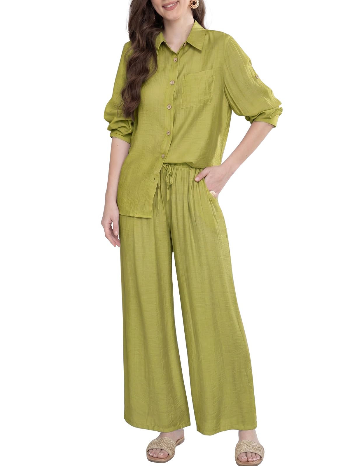 Adigaber Survêtement à Manches Longues pour Femmes Ensemble Deux Pièces Chemise Boutonnée et Ample Taille Haute Jambe Large Cordon de Serrage Pantalons avec Poches