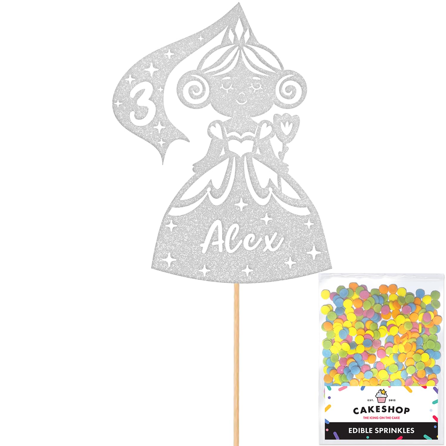 Personalised Birthday Princess Glitter Cake Topper- Light Silver Any Custom Age & Name Glitter Cake Decoration and Sprinkles - Happy Birthday Decorations - Personalised Toppers for Cakes by Cakeshop