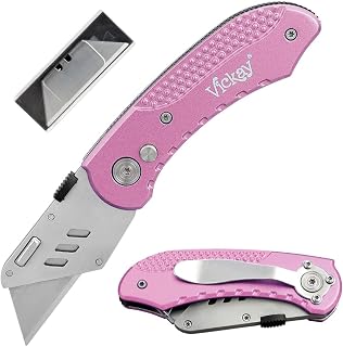 Utility Knife Heavy Duty Box Cutter with 5 SK5 Quick Change Blades, Safety Axis Lock Design Razor Knife, Lightweight Aluminum Body Belt Clip for Office (Purple)