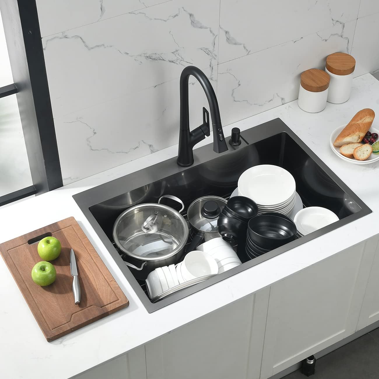 25 Inch Black Drop In Kitchen Sink, Doirteal 25 x 22 x 10 Inch Matte Black Bar Sink Topmount 16 Gauge Stainless Steel Single Bowl Kitchen Sinks Single Basin with Bottom Grid