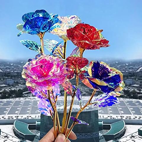 SHE.White 5Pc Colorful Rose Artificial Flower Unique Gifts For Girls 24K Gold Foil Rose Simulation Bouquet Without Gift Box (Without Light) Mixed Colors Five Packs, For Artificial Flower Cover